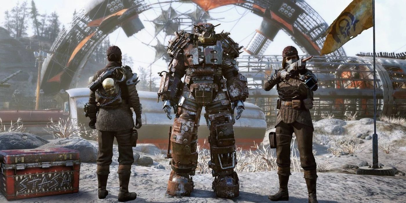 Fallout 76 survivors standing around power armor