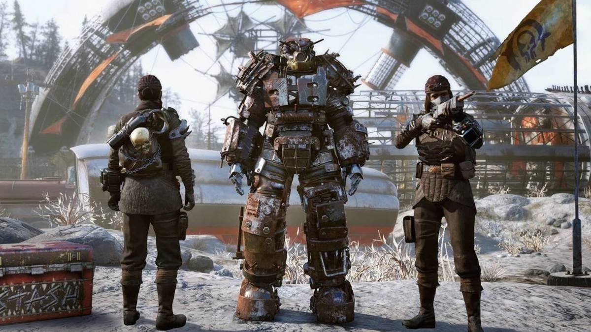 Fallout 76 survivors standing around power armor