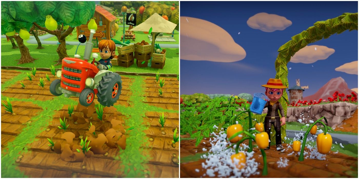(Left) Player driving a tractor (Right) Player watering plants