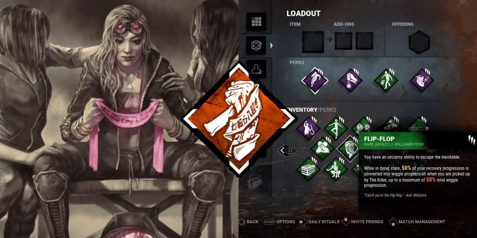 art of the character yui kimura a screenshot of the perk menu and the icon for the lucky break perk.