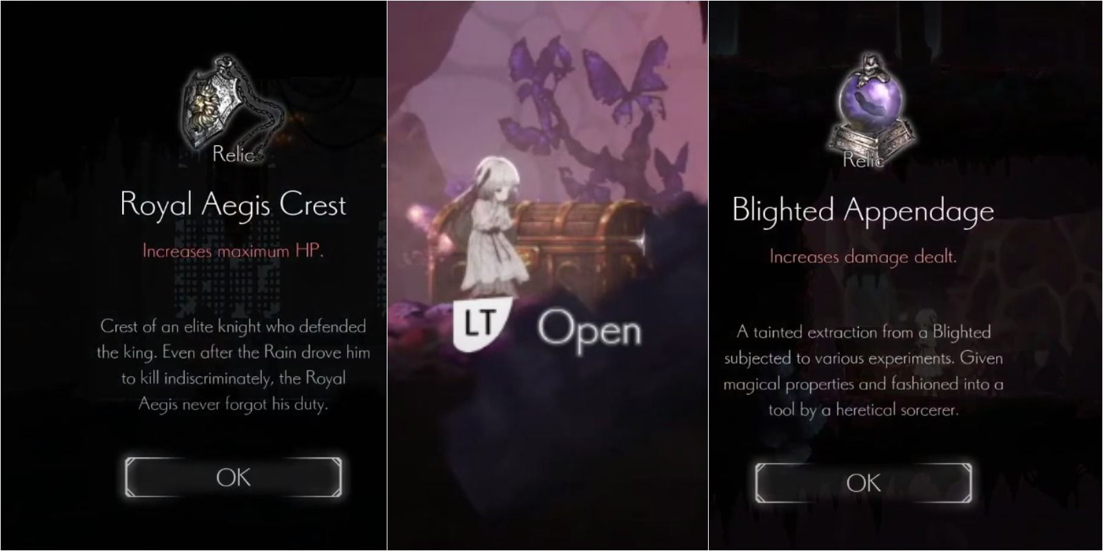 the royal aegis crest relic, lily opening a chest, and the blighted appendage relic.