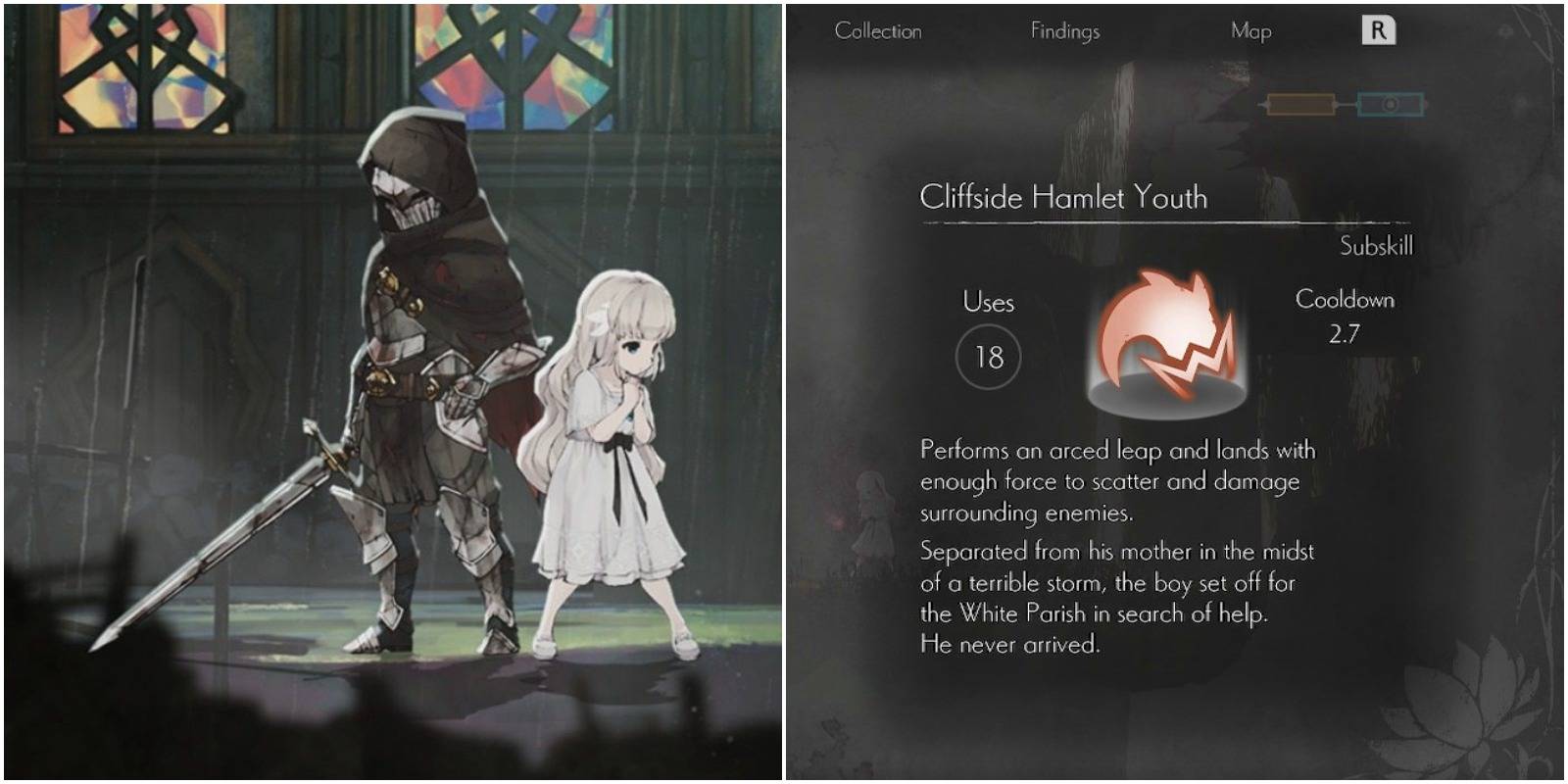 game art featuring a knight and priestess as well as a shot of the menu showing the cliffside hamlet youth subskill.