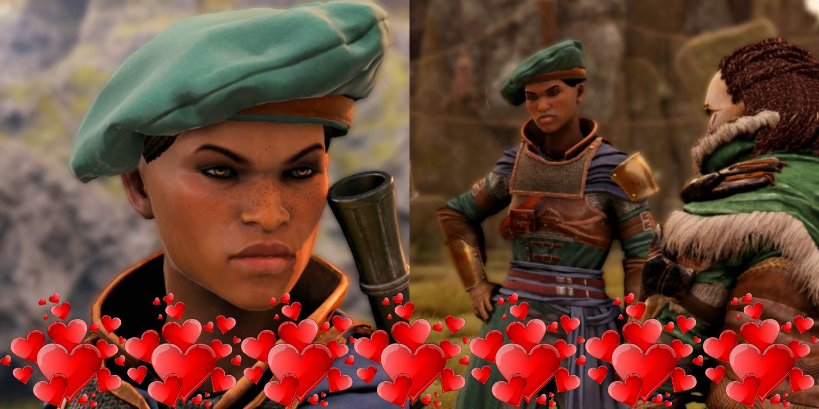 close up and medium shot of aphra with hearts on the bottom of image.