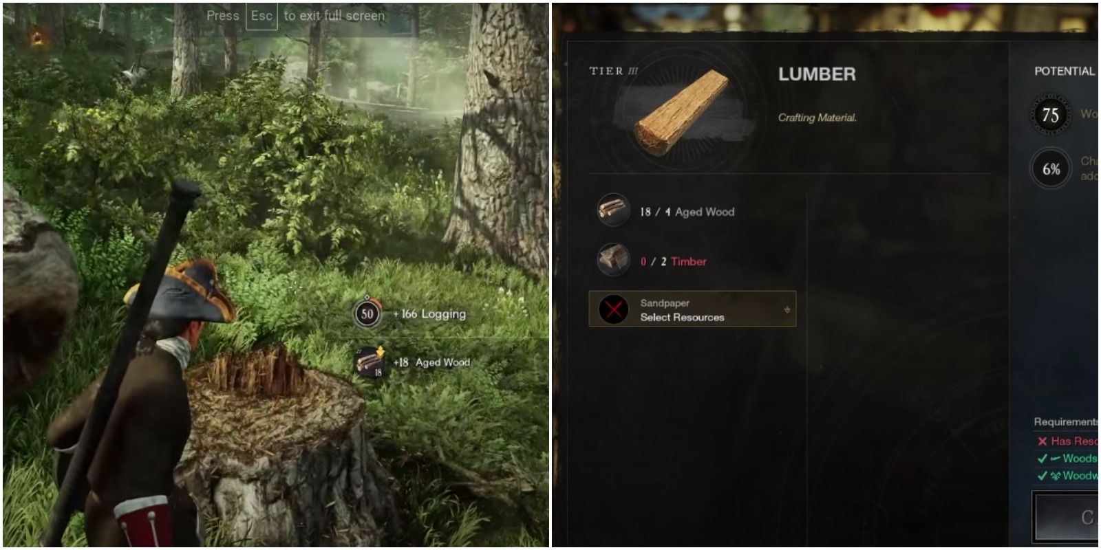 player cutting down a mature tree and lumber in the crafting menu.