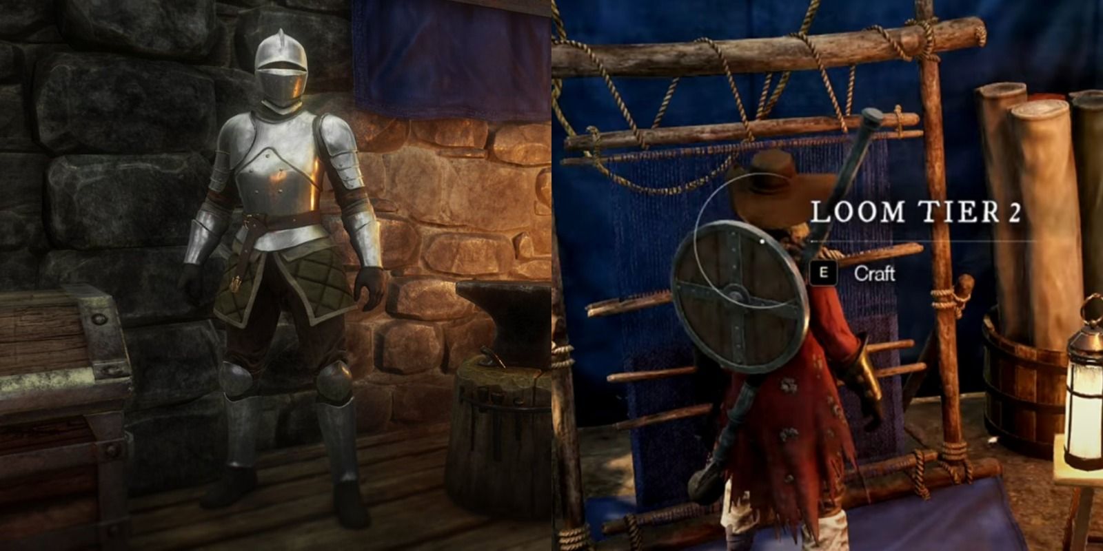 steel armor set and player looking at a tier 2 loom.
