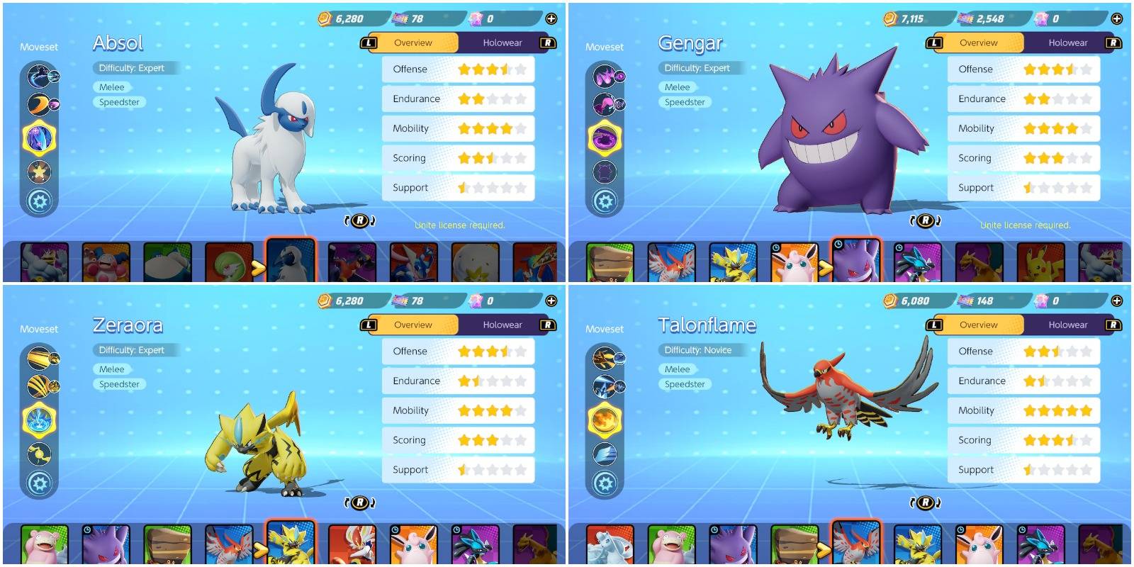 absol, gengar, zeraora, and talonflame in the menu screen.