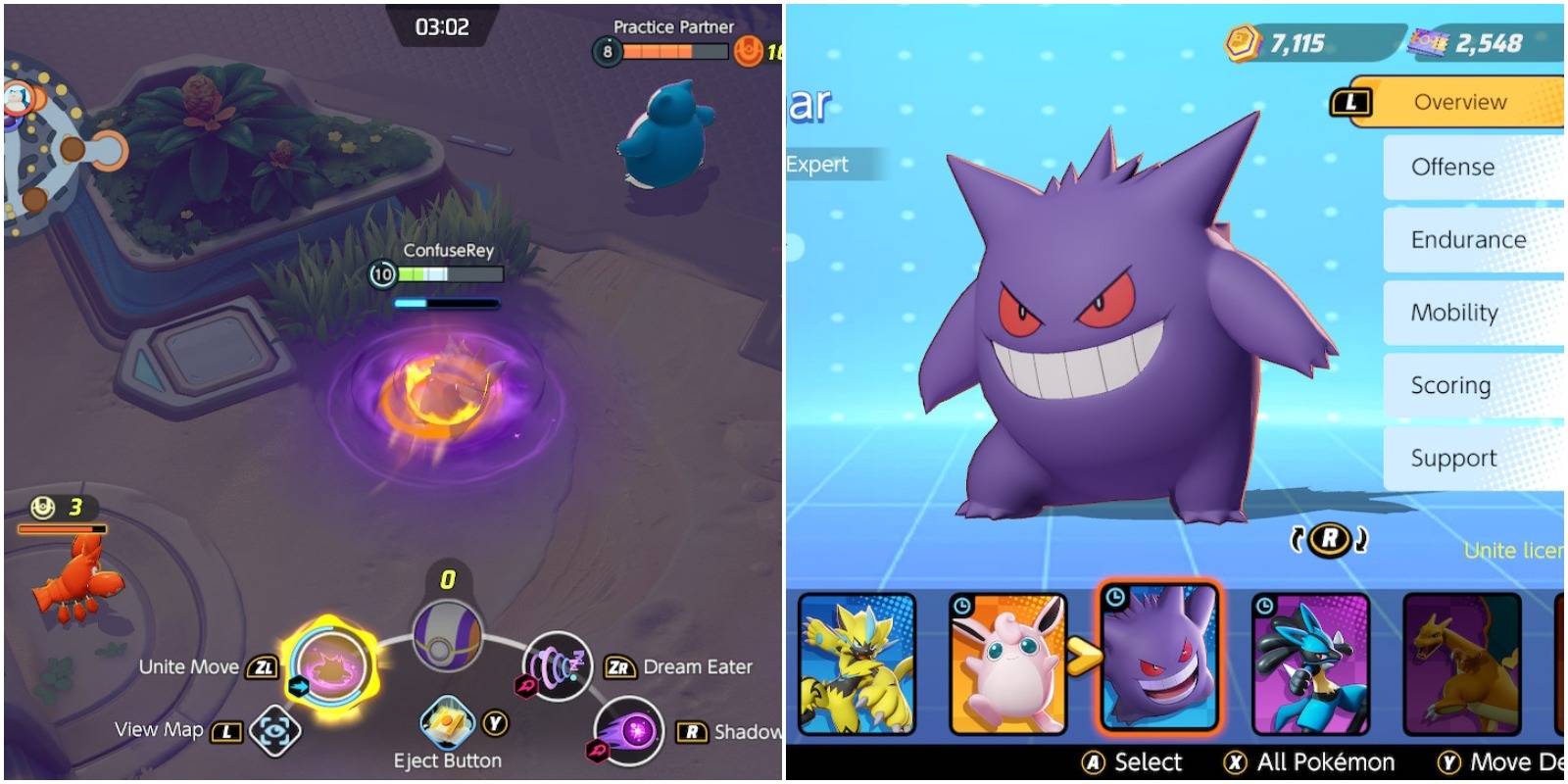 gengar in the menu and using their unite move in battle.