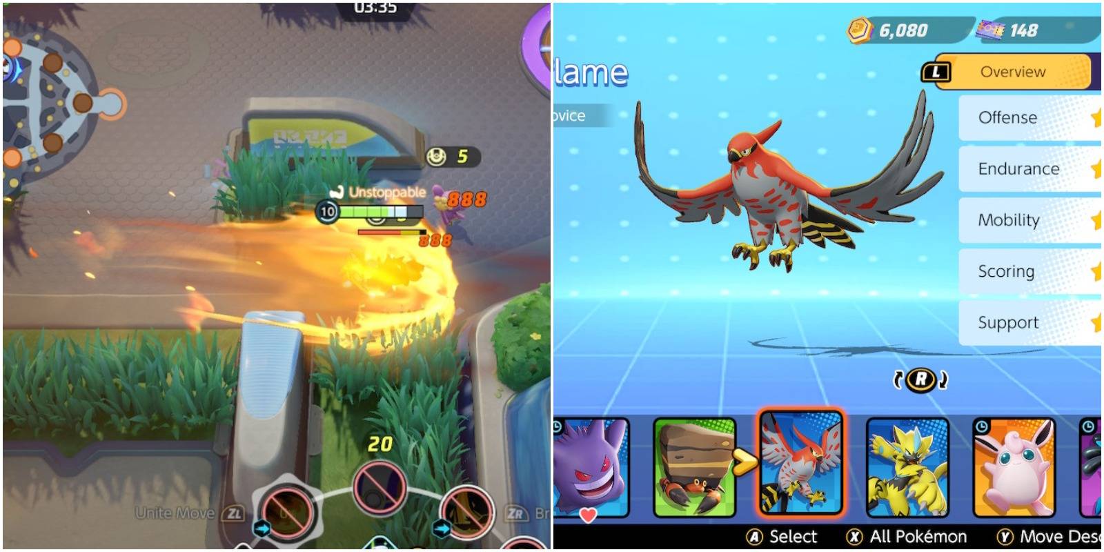 talonflame using its unite move and in the menu.