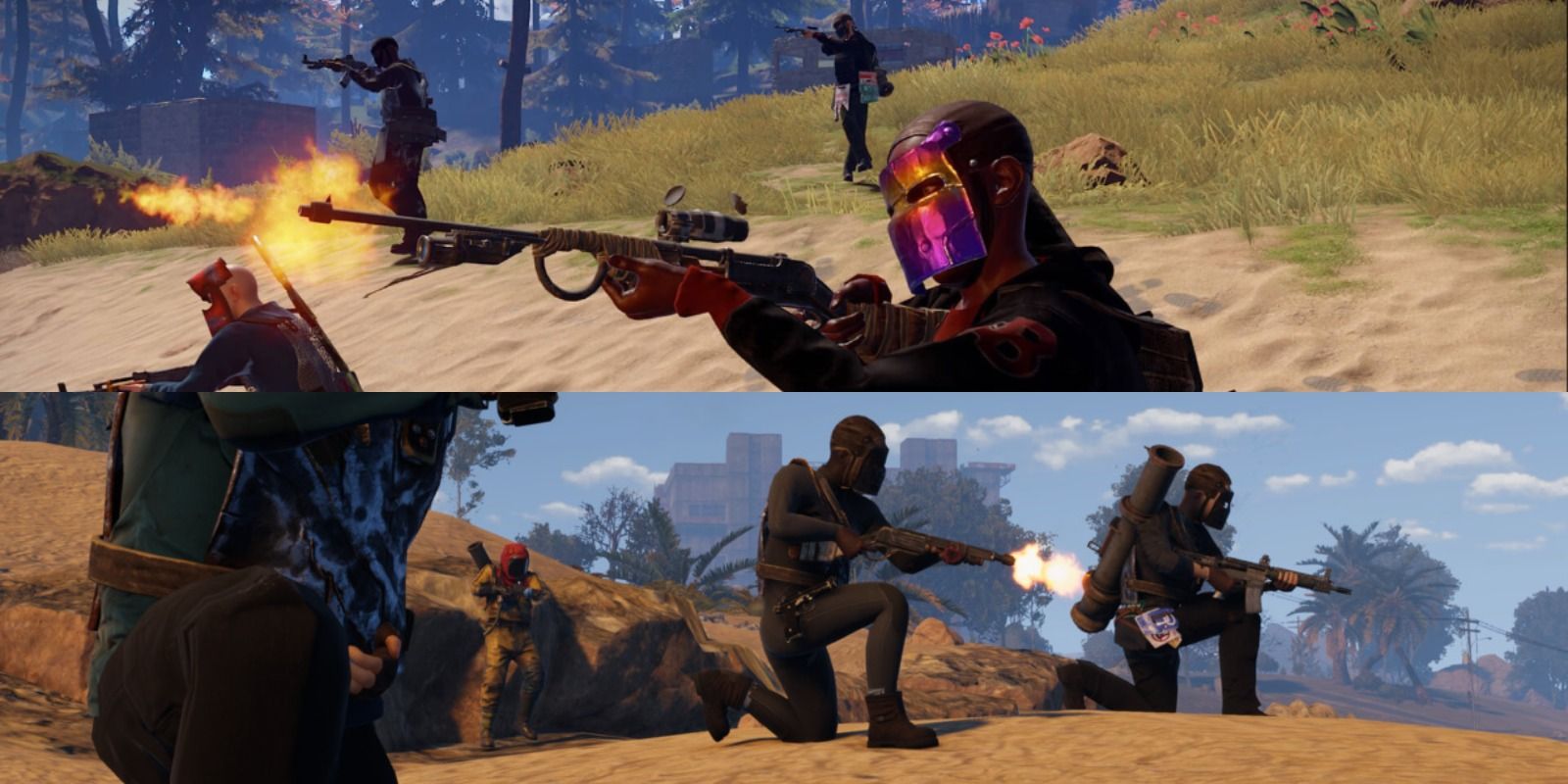 players having a shootout with armor and guns.