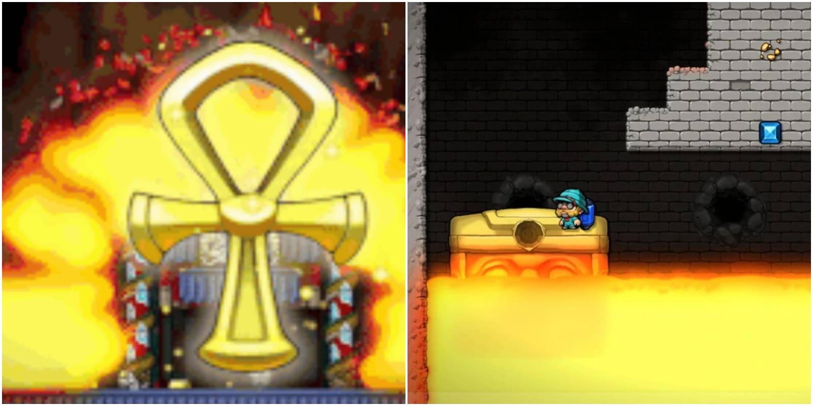 ankh being used by a dying player and the player beating the boss olmec.
