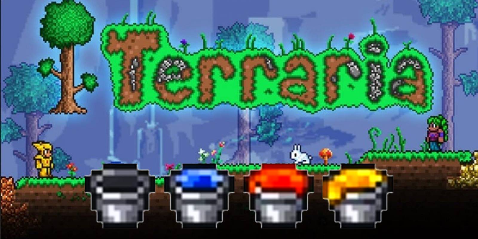 terraria title screen and all kinds of bucket icons.