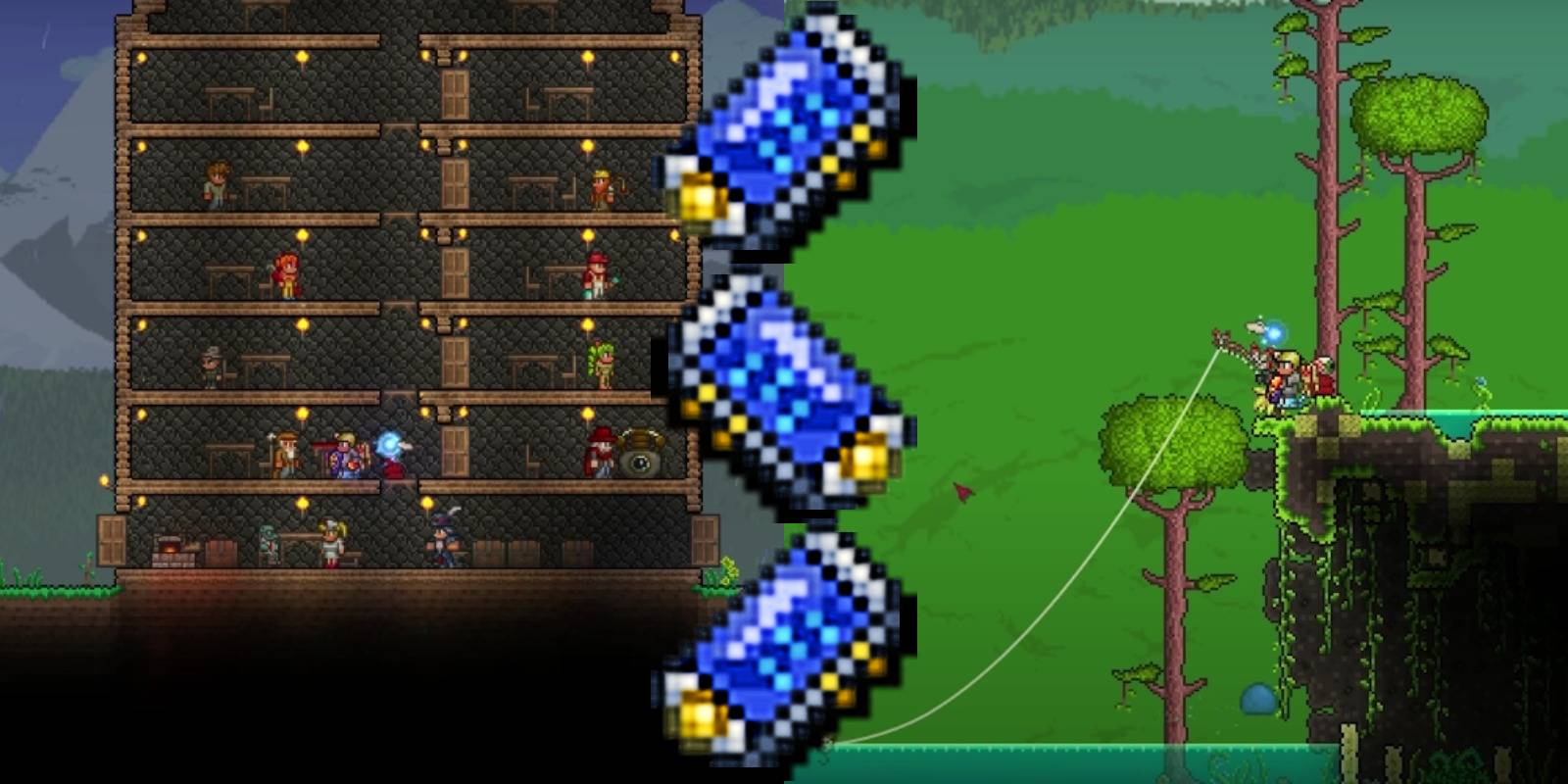 player crafting and fishing with cell phone icon in the center.