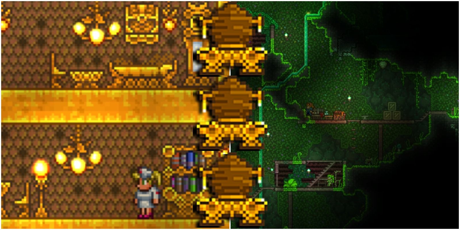 honey furniture, underground jungle biome, and the honey dispenser in-game icon.