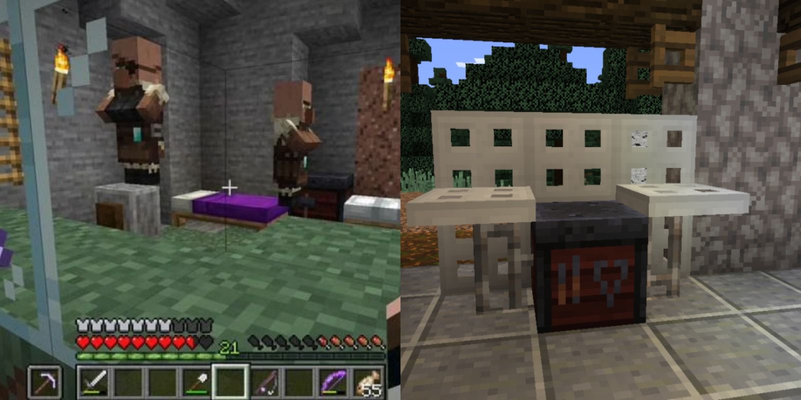 toolsmith villagers and smithing table inside.
