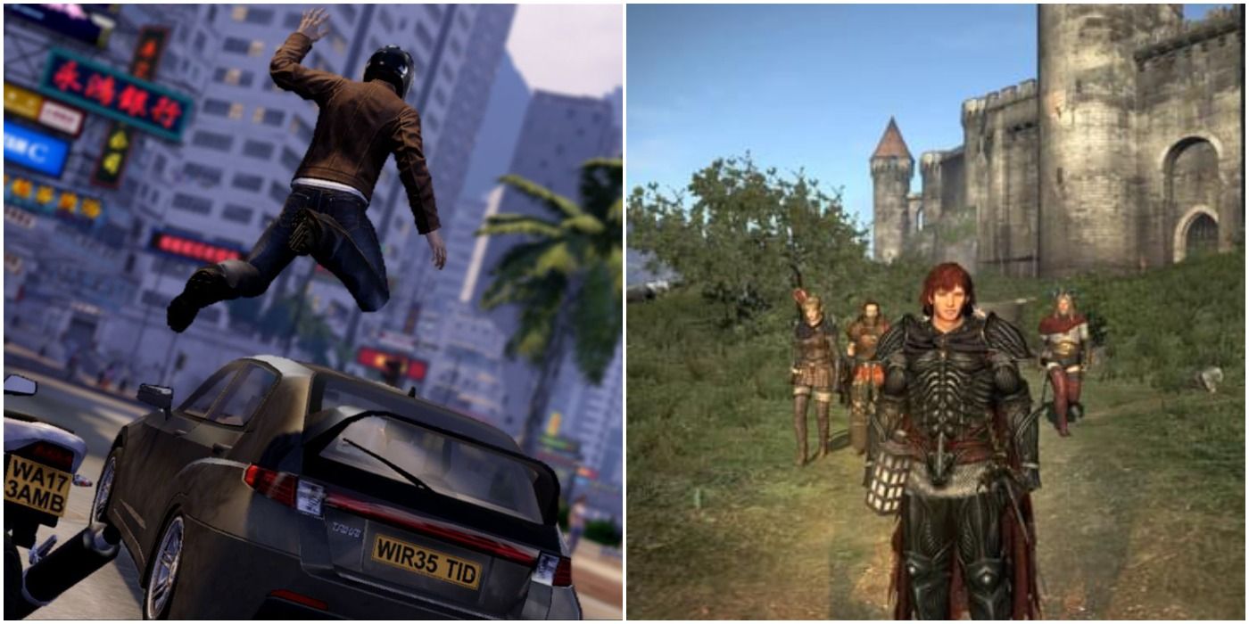 (Left) man jumping over a car in Sleeping Dogs (Right) people standing in front of a castle in Dragon's Dogma