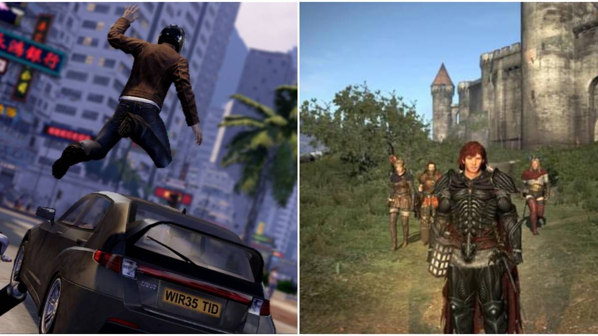 (Left) man jumping over a car in Sleeping Dogs (Right) people standing in front of a castle in Dragon's Dogma