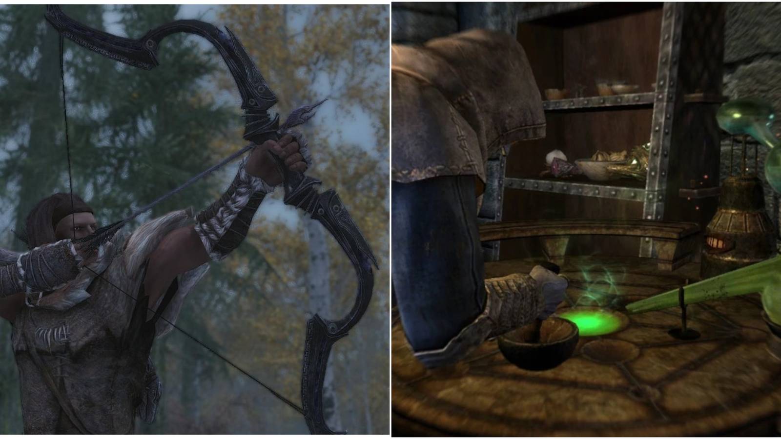 Left: character drawing a bow; right: character mixing a potion