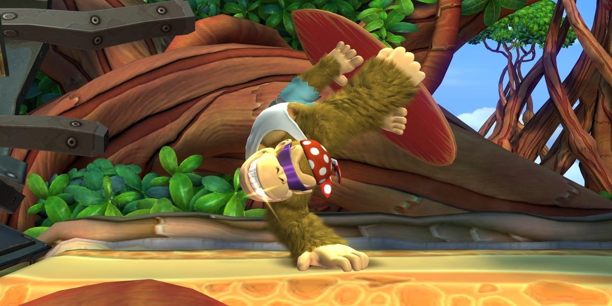 Funky Kong posing with a surfboard
