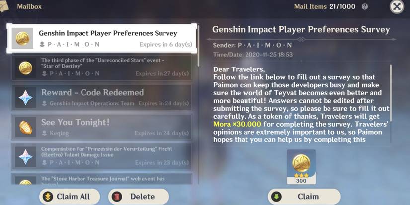 genshin impact survey announcement mail