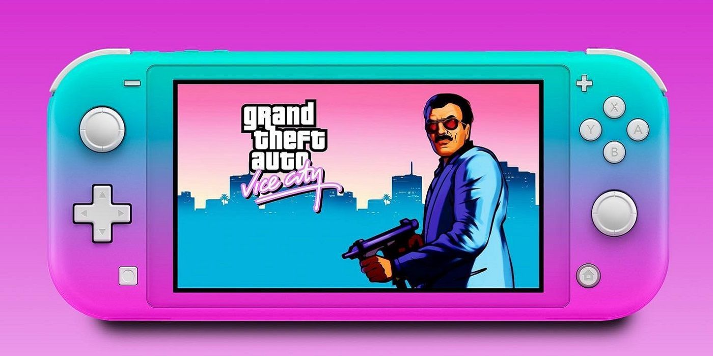 A mockup image showing Grand Theft Auto: Vice City running on a Nintendo Switch.