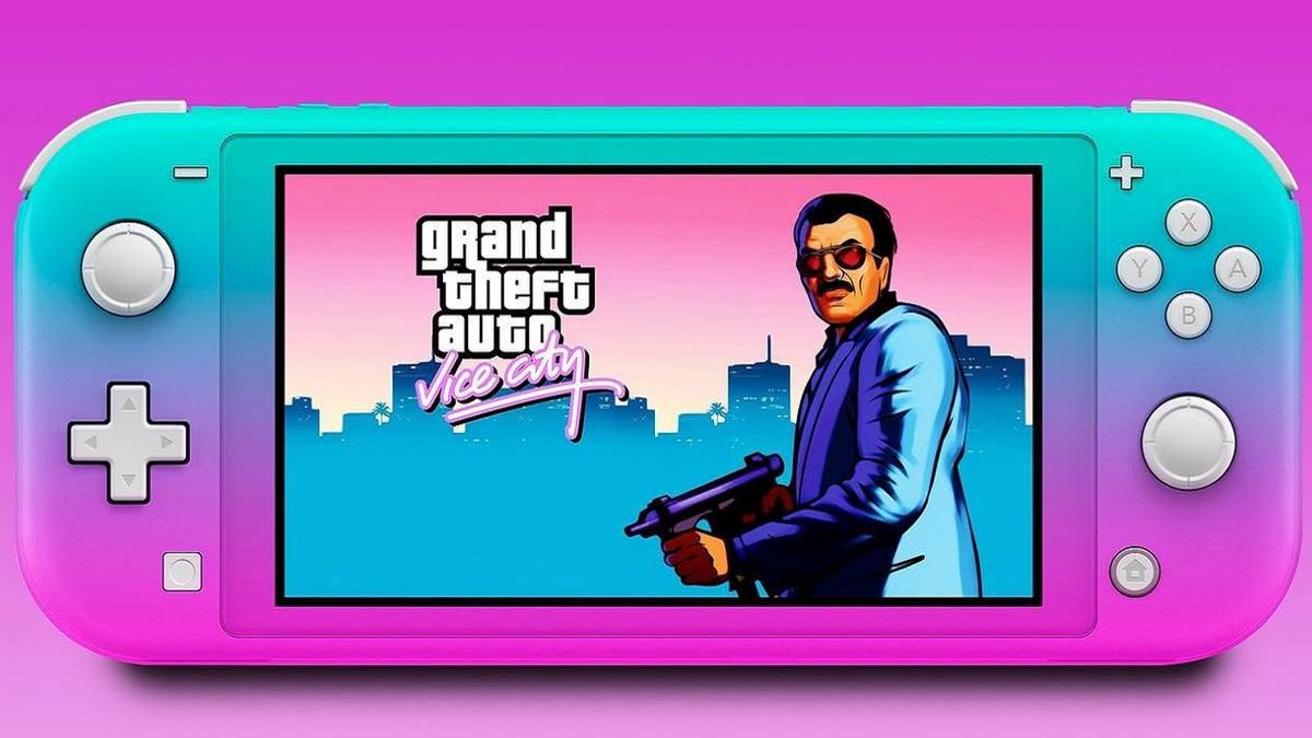 A mockup image showing Grand Theft Auto: Vice City running on a Nintendo Switch.