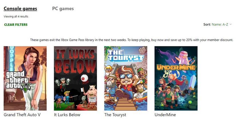 screenshot of game pass website showing leaving titles including gta5