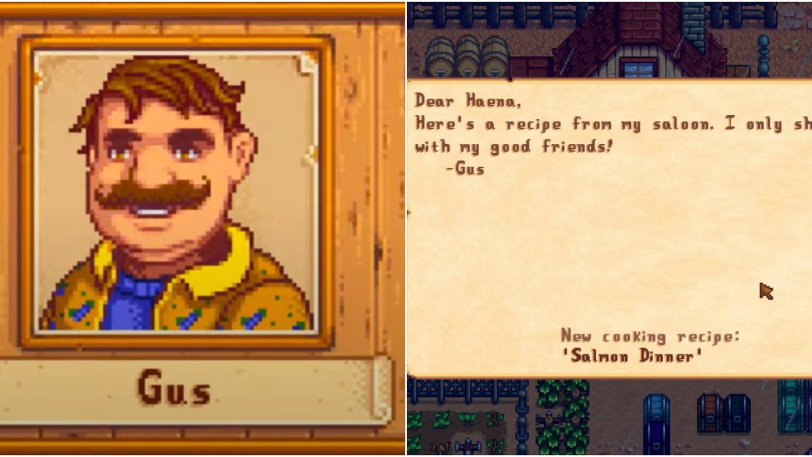 Left: Gus' portrait; right: salmon dinner recipe