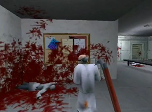 Gory screenshot from Half-Life showing a bloody wall and a dead scientist.