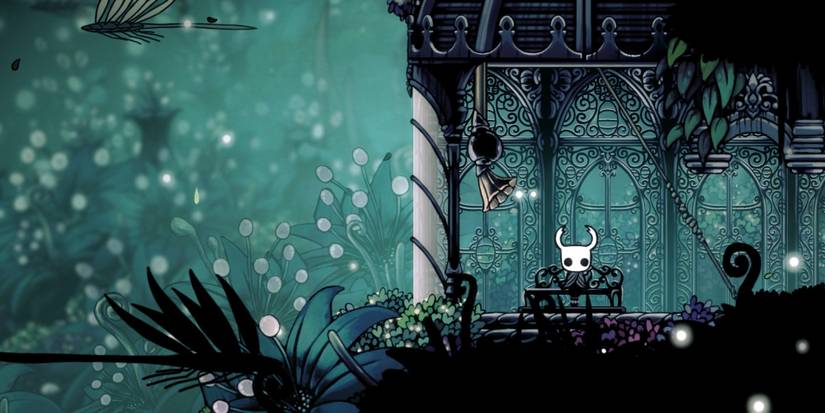 hollow knight, protag sitting on a bench, garden