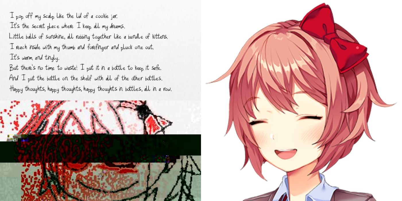 A collage of Sayori, her poem and hxppy thxughts in Doki Doki Literature Club