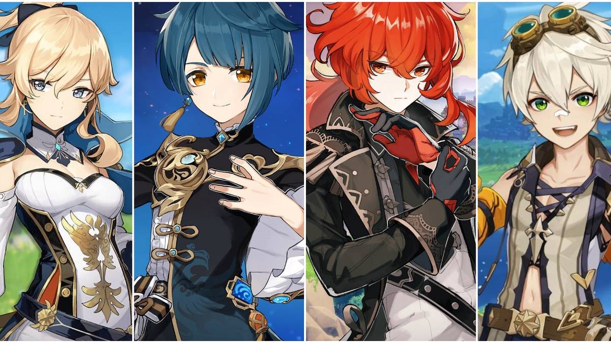 split image of jean, xingqiu, diluc, and bennett from genshin impact