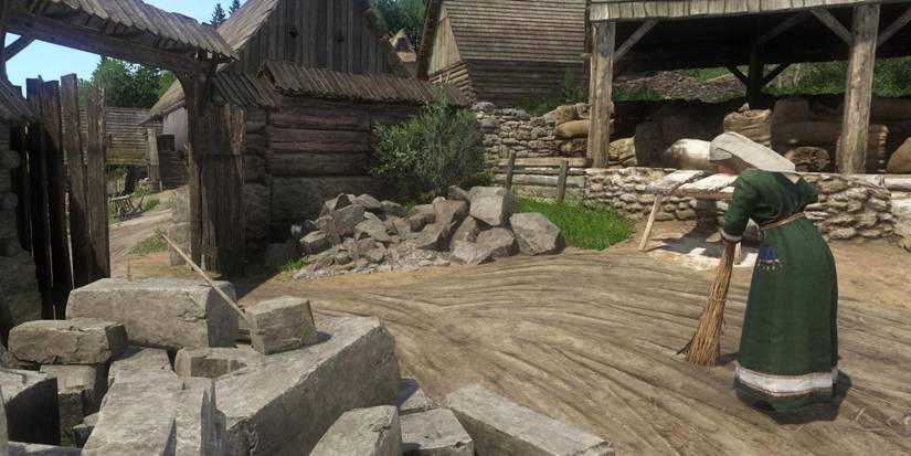 KC:D, woman sweeping road in a fort