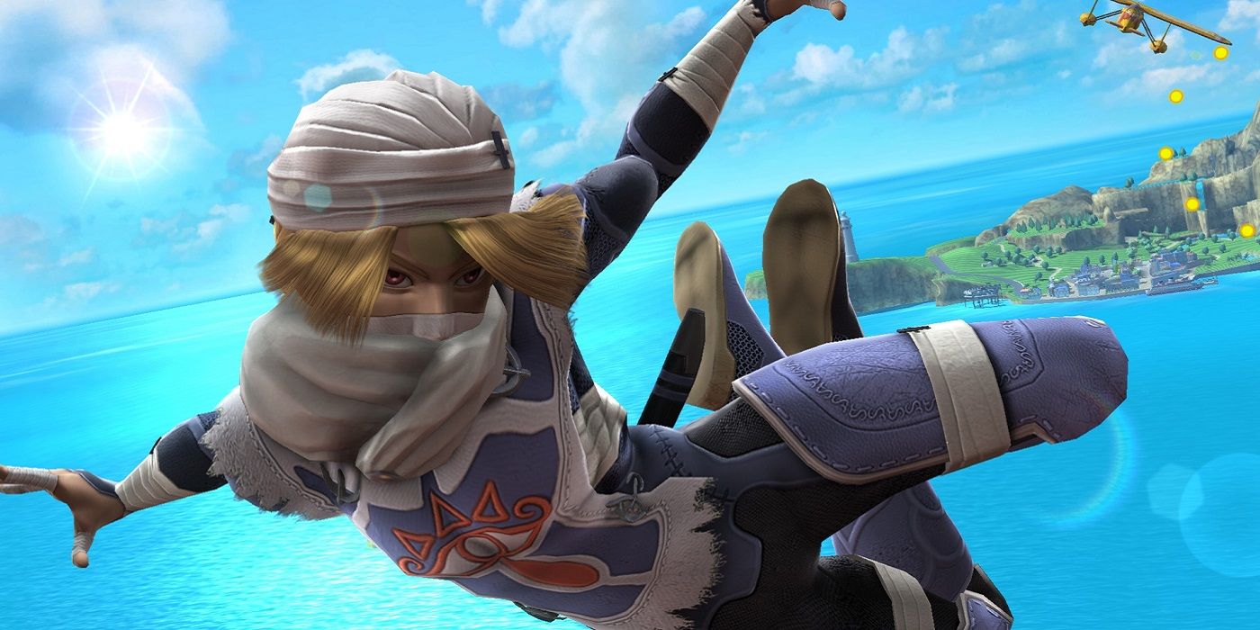 Image showing Sheik from Legend of Zelda: Ocarina of Time in the air as a plane chases them.