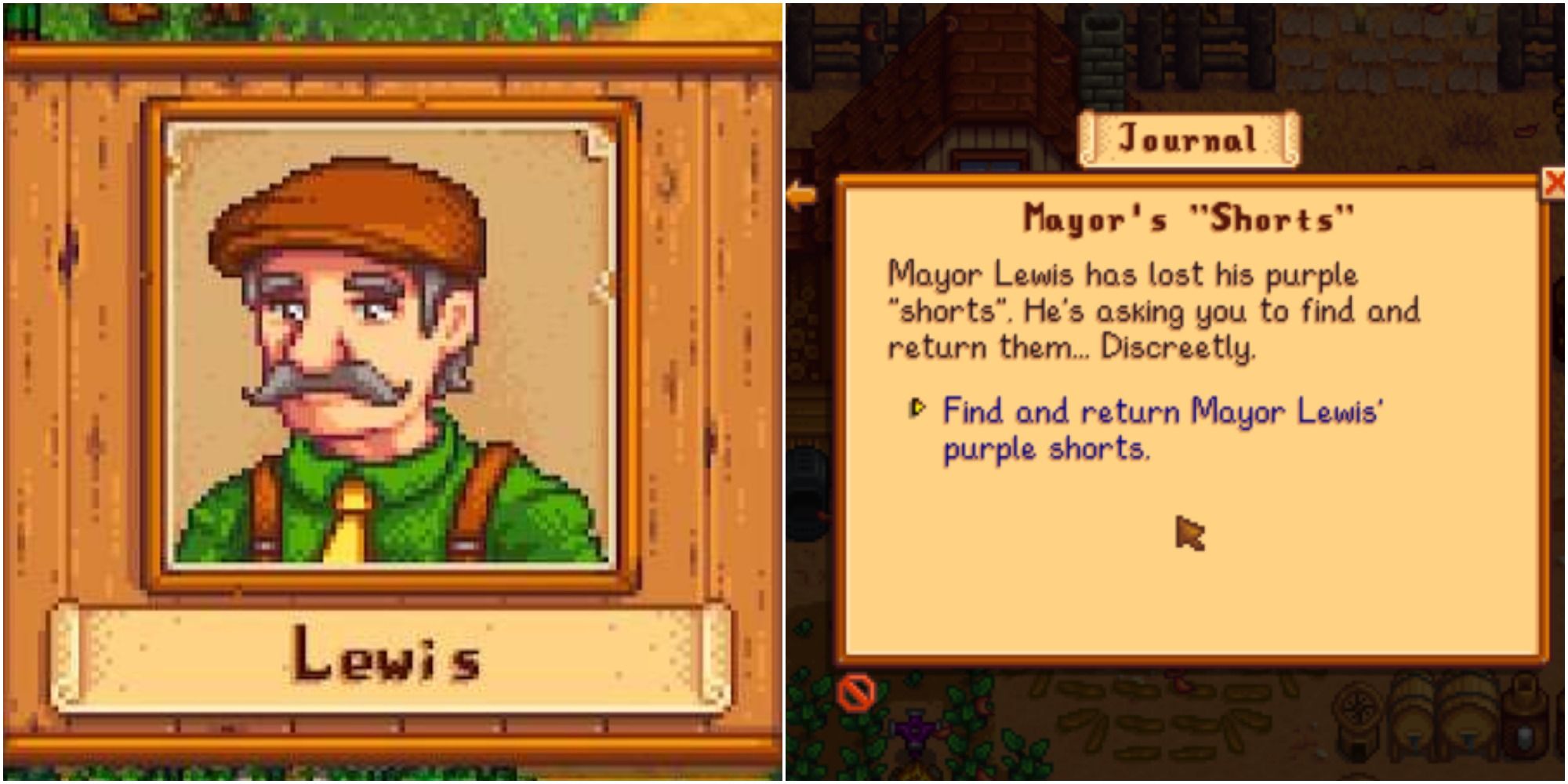 Left: Lewis' portrait; right: Mayor's Shorts quest