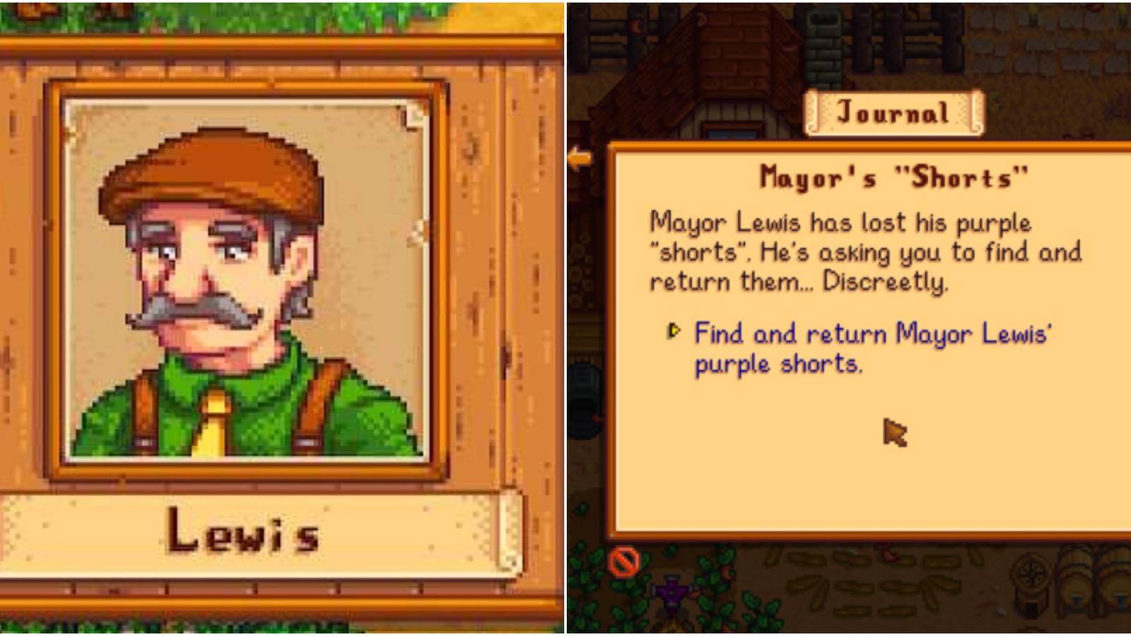 Left: Lewis' portrait; right: Mayor's Shorts quest