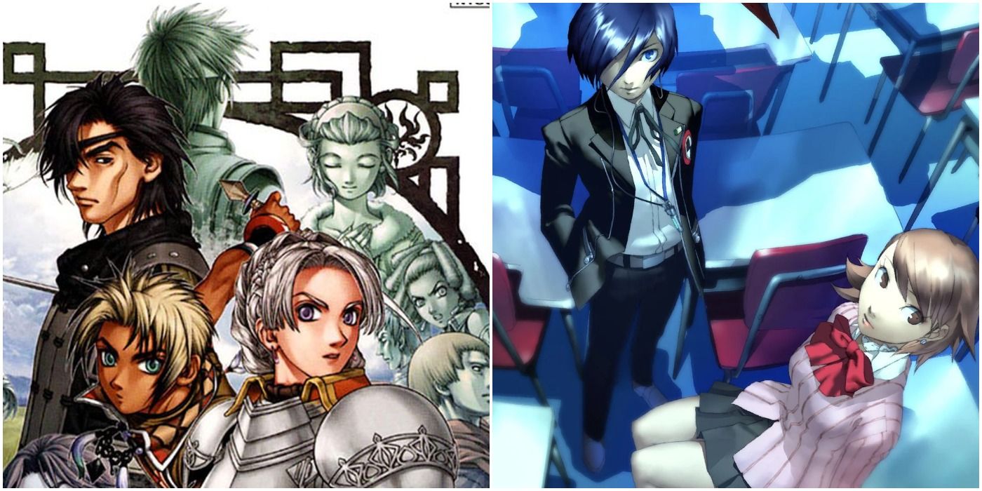(Слева) Передняя обложка Suikoden iii с ключевыми персонажами (Справа) Рекламное изображение персонажей из Persona 3