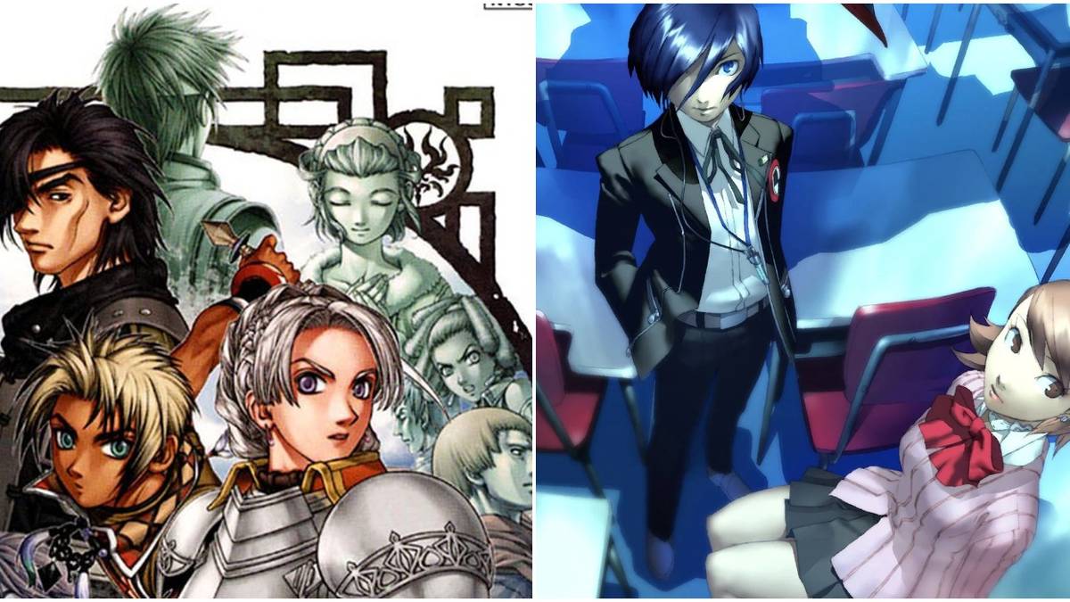 (Left) Suikoden iii front cover with key characters (Right) Promotional image of characters from Persona 3