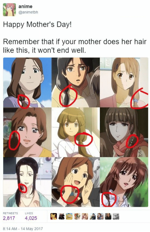 Anime Meme of moms with same hairstyle who all die