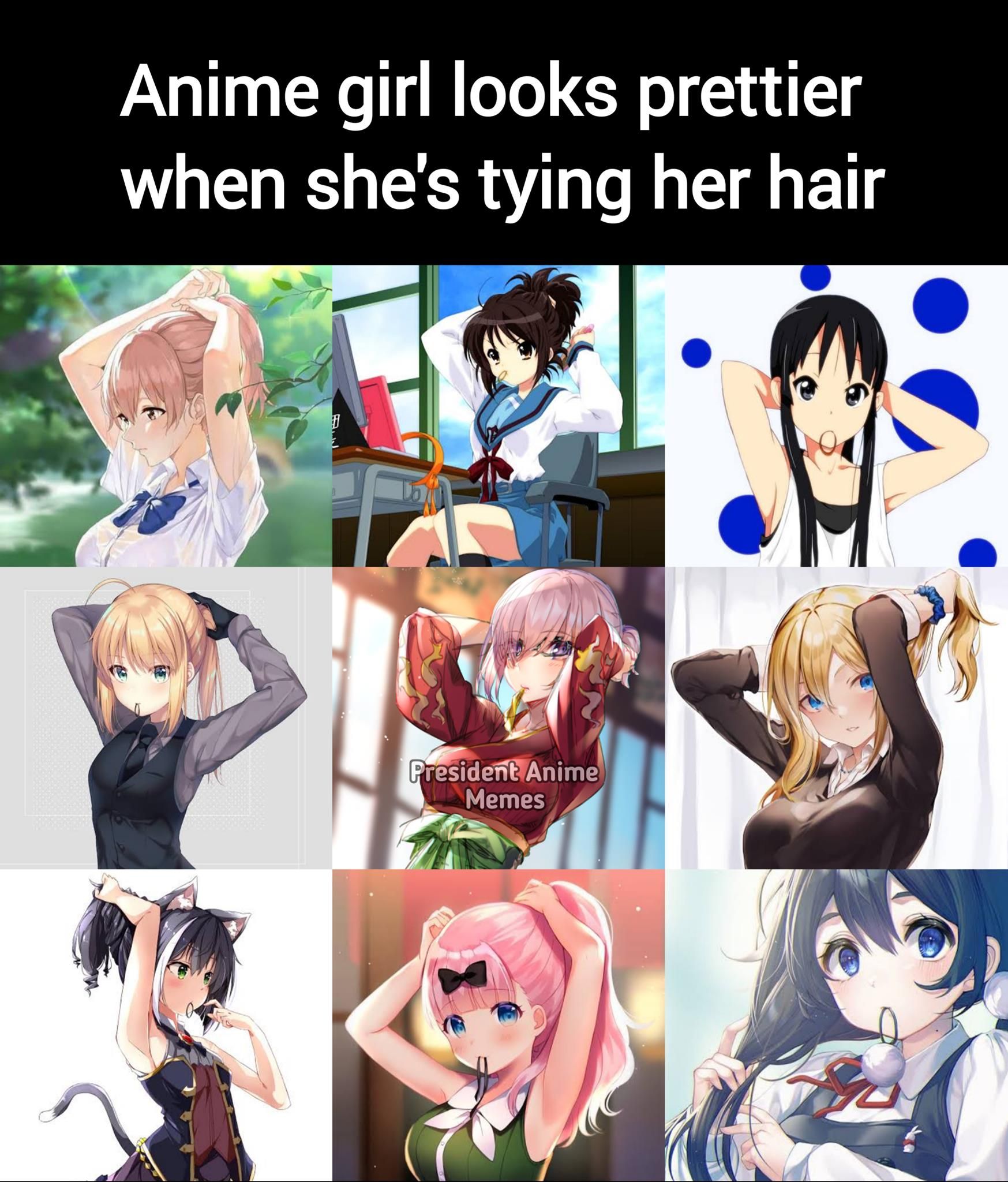 anime girls tying their hair up meme