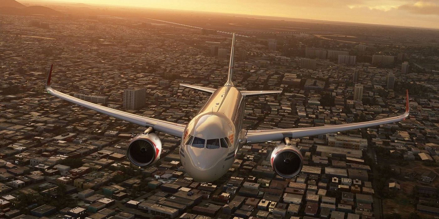 Screenshot from Microsoft Flight Simulator showing a plane flying over a city.