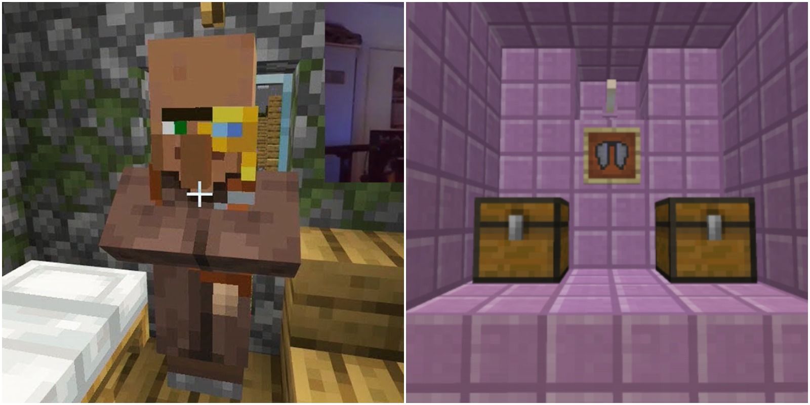 villager with a monocle and the inside of a purple end ship with chests.