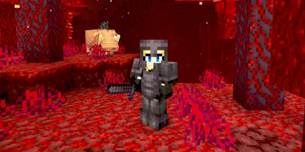 player in the nether wearing dark armor.