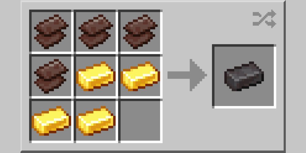 4 netherite scraps and 4 gold ingots in a crafting table menu.