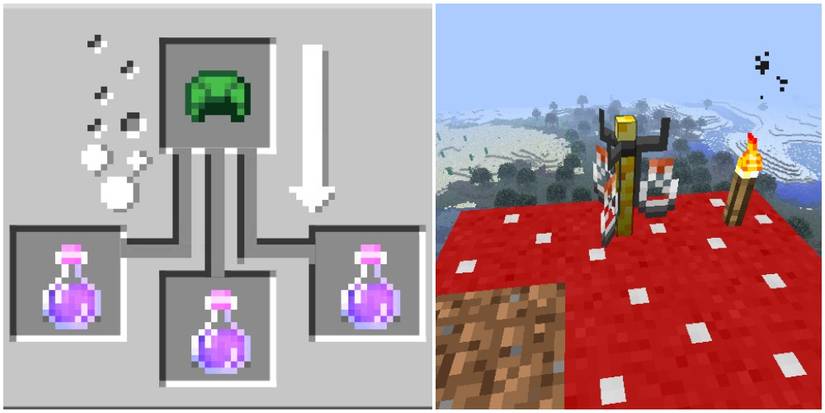 turtle shell being used to make a potion and a brewing stand on a giant mushroom.