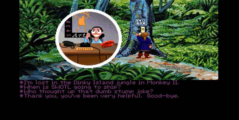 Guybrush on the phone to LucasArts
