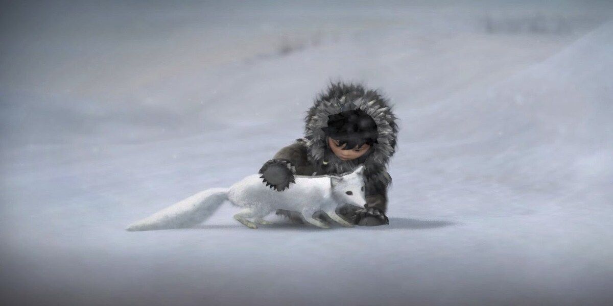 A child and fox in the snow