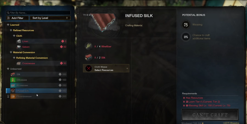 player looking at the crafting components for infused silk.