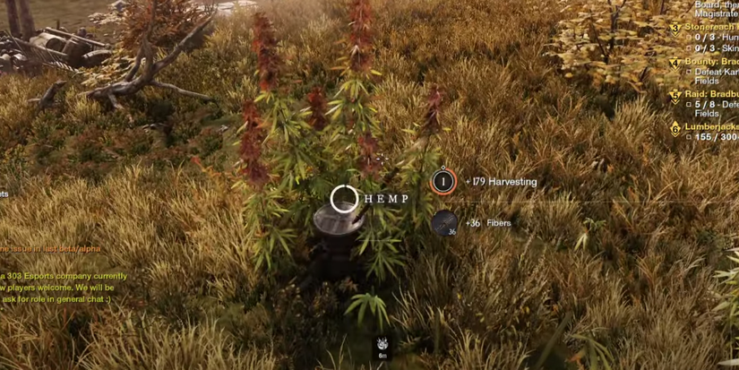 player harvesting hemp to get fibers from pink and green plants.