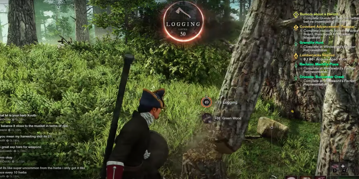 player reaching the level 50 threshold for the logging skill while cutting down a young tree.