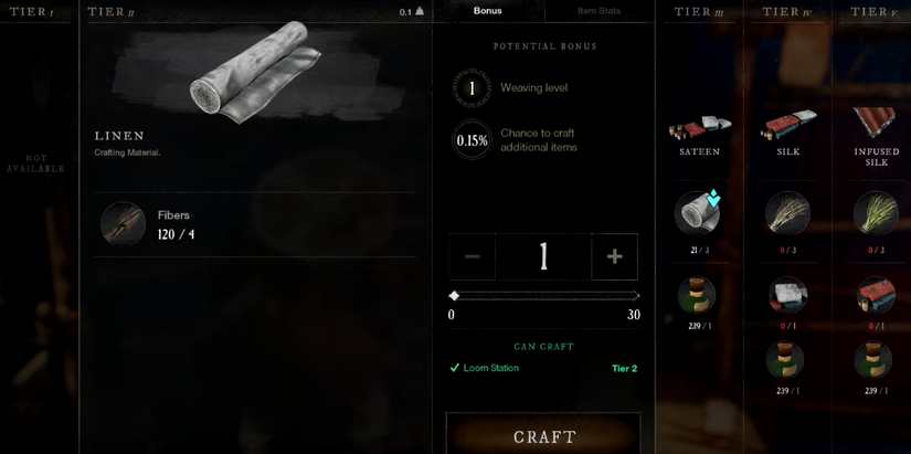 menu showing what is needed to craft linen, the tier 2 material.